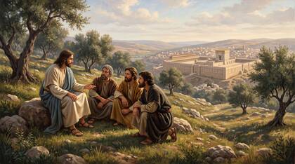 Four Disciples Question Jesus on the Mount of Olives