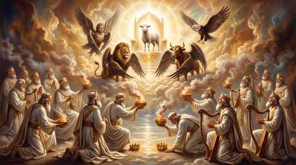 The Living Creatures and Elders Fall Before the Lamb
